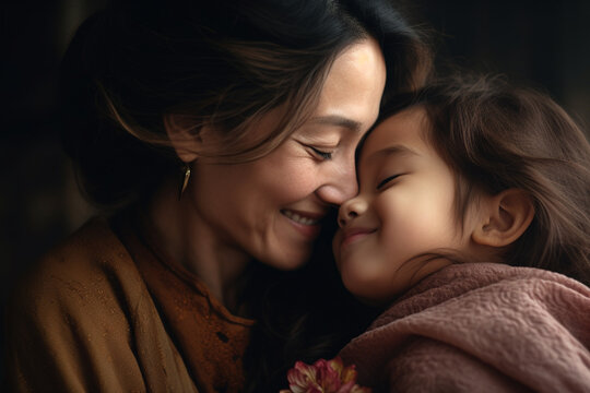 Emotional portrait of Asian mother and daughter. Family Love, Care, and Connection concept. Digital Ai