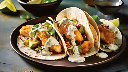 A plate of crispy fish and avocado tacos with a tangy lime crema