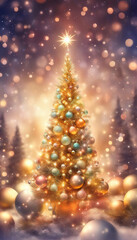 Christmas background with beautifully decorated Christmas tree with baubles, snowflakes, and lights, magic Christmas illustration.