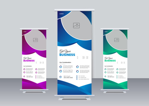Creative Roll up banner Stands design set With Purple, Blue and Green Color For Your Business. Roll up templete for Abstract background, vertical, pull up design, modern x-banner, polygon background, 