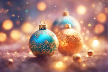 Christmas background with shiny balls, Christmas tree and blurred lights.