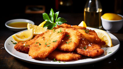 A plate of crispy and golden chicken schnitzel with a squeeze of lemon