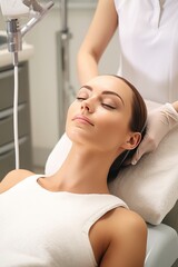 Obraz na płótnie Canvas Woman getting facial lifting therapy in beauty salon generative ai