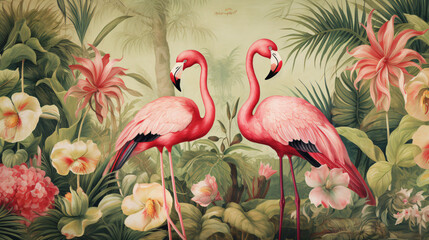 Vintage jungle wallpaper with flamingos tropical birds