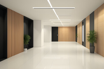 Office lobby interior with wooden walls and large white room. Business building concept. 3d rendering. Mock-ups