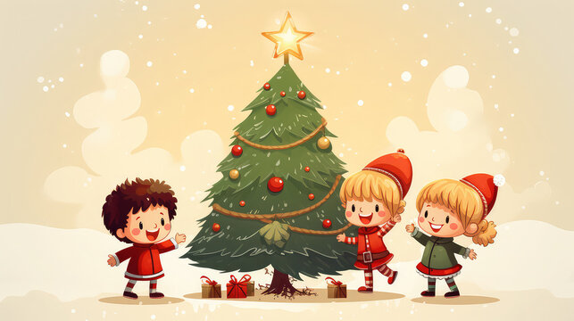Cartoony style image kids celebrating christmas under christmas tree