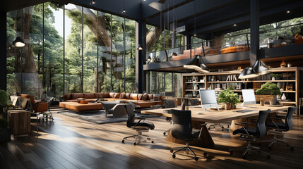 Modern gray open space office with wooden tables, side view.