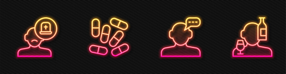 Set line Online psychological counseling, Male doctor, Medicine pill tablet and Alcoholism. Glowing neon icon. Vector
