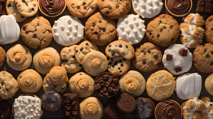 Obraz premium An assortment of cookies in different shapes and sizes takes center stage in this scene. The photography showcases the intricate details of each cookie, from chocolate chips to decorative icing.