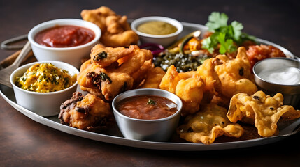 A platter of assorted Indian pakoras with a tamarind chutney dipping sauce - obrazy, fototapety, plakaty