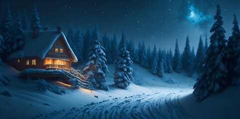 Fairy tale house in the winter forest. AI generated illustration