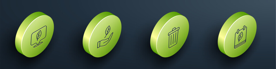 Set Isometric line Location with leaf, Leaf in hand, Trash can and Calendar autumn leaves icon. Vector