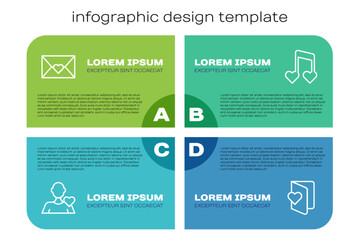 Set line Romantic man, Envelope with Valentine heart, Valentines day flyer and Music note, tone hearts. Business infographic template. Vector