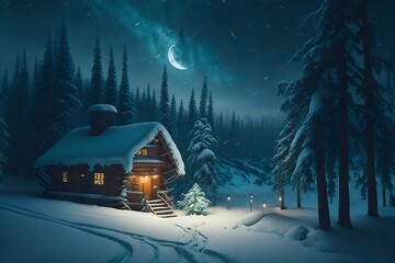 Fairy tale house in the winter forest. AI generated illustration