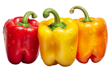 different three bell peppers with some dew drops on top on a white background isolated PNG