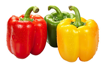 different three bell peppers with some dew drops on top on a white background isolated PNG