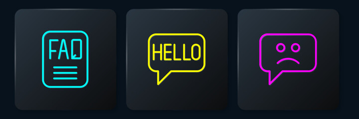 Set line FAQ information, Sad smile and Hello different languages. Black square button. Vector