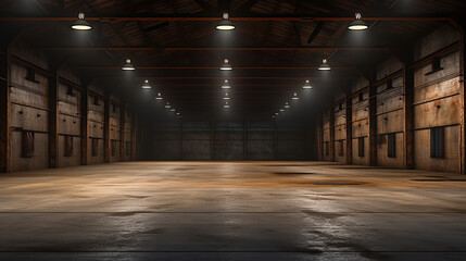 An empty warehouse featuring abundant lighting. - obrazy, fototapety, plakaty