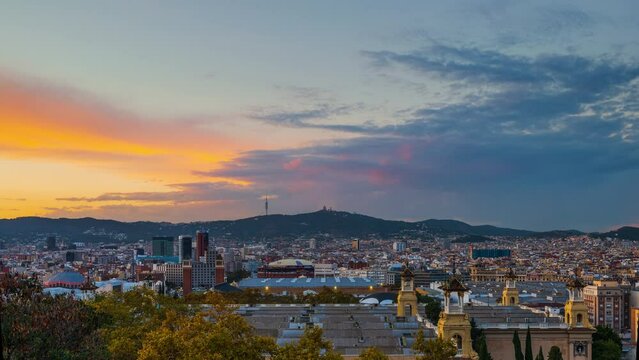 Day-to-night time lapse of the epic purple and orange clouds over Barcelona city
