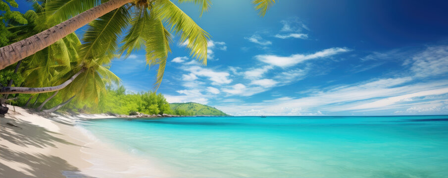 Beautifull summer beach, blue sea water and gold bech with sand and palms.