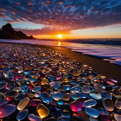 Crimson sunset on a beach filled with glowing natural colored polish sea glass and stones on the seashore, with sky, sandy beach with coast glass, photo realism, long exposure photography, ethereal - obrazy, fototapety, plakaty
