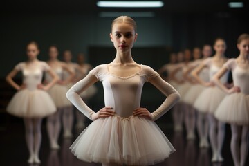 Naklejka premium Grace and Dedication: Representational Portrait of a Girl in Tutu Among Ballet Dancers