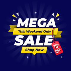 Mega sale banner template design for web or social media with blue background, this weekend only to 70% off.