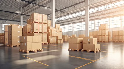 An expansive warehouse with a multitude of boxes.