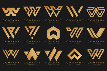 Abstract collection with letters W logo design. creative design logotype W with gold color.