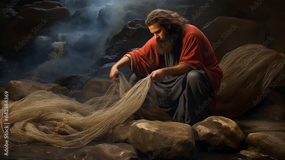 Wall mural Apostle Peter cleaning his Christian fishing net