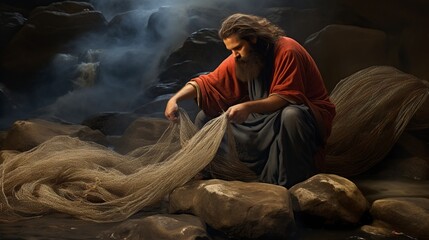 Apostle Peter cleaning his Christian fishing net