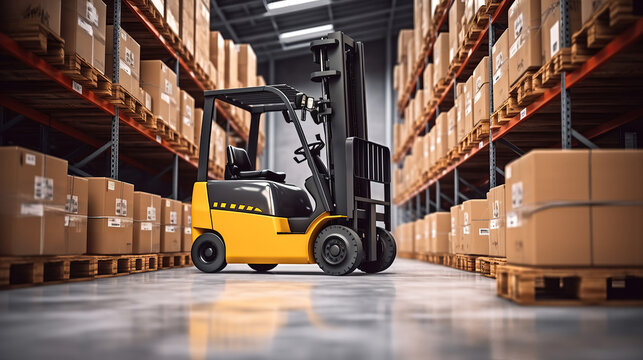 A forklift driving in a warehouse.