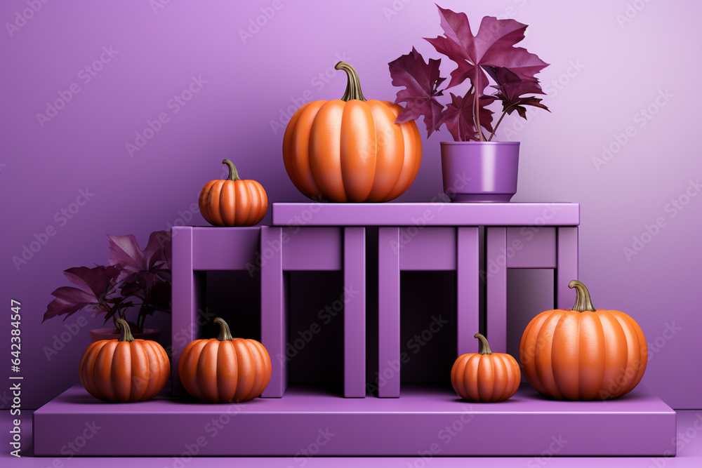 Poster 3d empty blank cube podium product display with pumpkins beside the podium on purple color theme, st