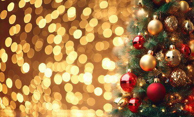 Fototapeta na wymiar Christmas tree with red gold ornaments and baubles on bright blurred bokeh lights background
