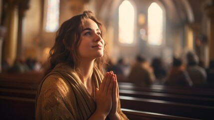 young girl praying in the church - obrazy, fototapety, plakaty