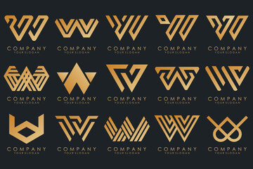 Abstract collection with letters W logo design. creative design logotype W with gold color.