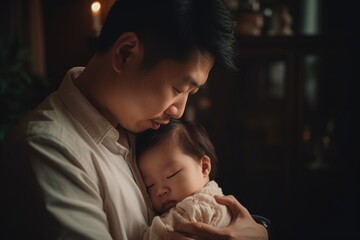 An Asian infant being cuddled by father, enjoying a tender moment of affection. Bond between parent and child. Generative AI