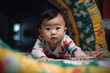 Fototapeta na wymiar An Asian infant baby crawling or laying on his tummy, exploring surroundings. Developmental milestones. Child's curiosity and early mobility. Generative AI