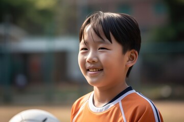 Asian smiling smiling school-age child participating in a sports activity close up, playing soccer in outdoor sports field. Child's physical prowess and teamwork. Generative AI