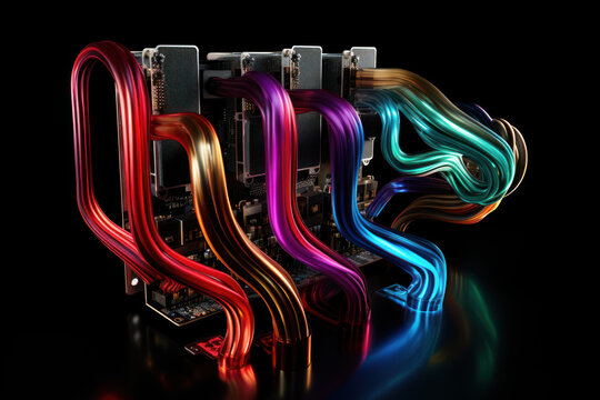 TPU (Tensor processing unit) Chip and Circuit Board with colored cooling liquid pipes