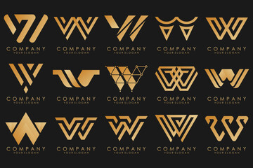 Abstract collection with letters W logo design. creative design logotype W with gold color.