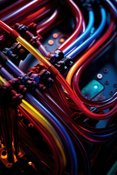 TPU (Tensor processing unit) Chip and Circuit Board with colored cooling liquid pipes