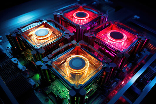 TPU (Tensor processing unit) Chip and Circuit Board with colored cooling liquid pipes