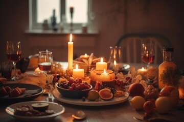 Fototapeta na wymiar A cozy scene of a decorated dining table with delicious holiday food and candles, ready for a Christmas feast. Generative AI.