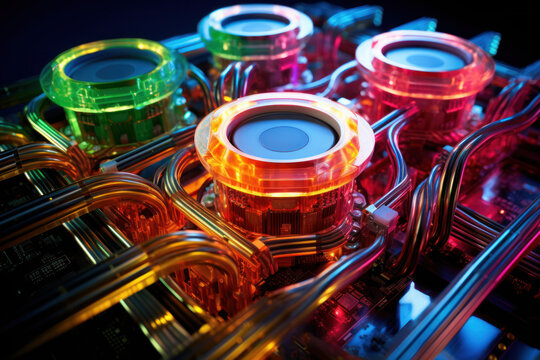 TPU (Tensor processing unit) Chip and Circuit Board with colored cooling liquid pipes
