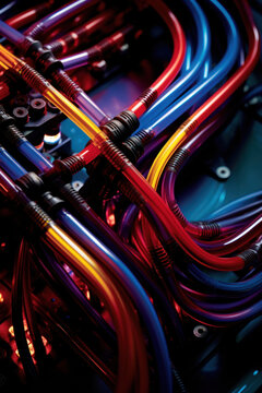 TPU (Tensor processing unit) Chip and Circuit Board with colored cooling liquid pipes