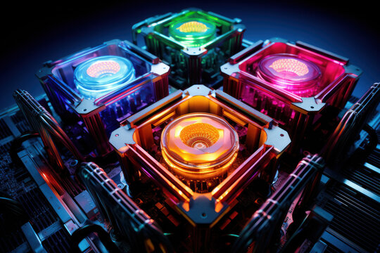TPU (Tensor processing unit) Chip and Circuit Board with colored cooling liquid pipes