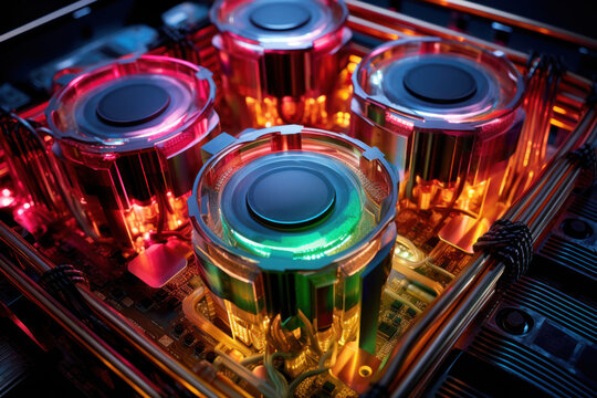TPU (Tensor processing unit) Chip and Circuit Board with colored cooling liquid pipes