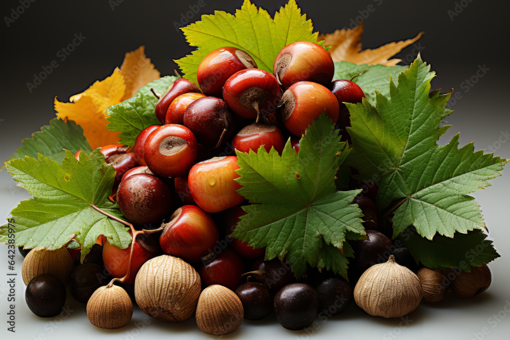 Aufkleber acorns resting on a fall leaf in autumn,  Generative AI technology.