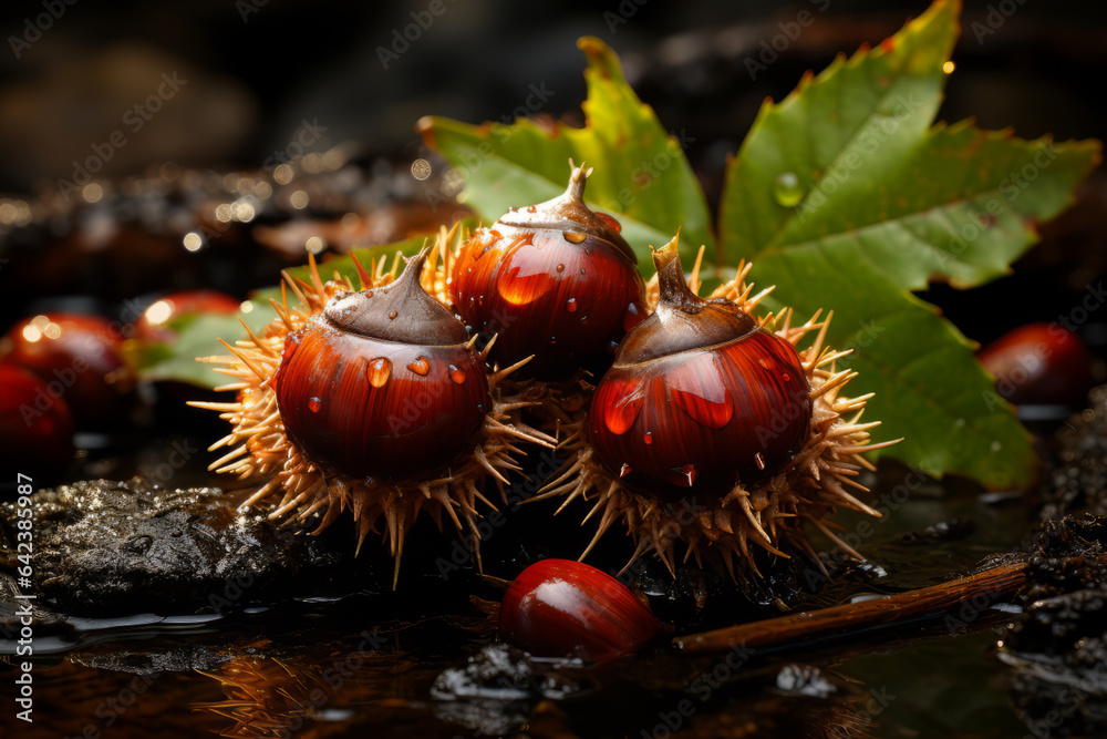 Aufkleber acorns resting on a fall leaf in autumn, generative ai technology.